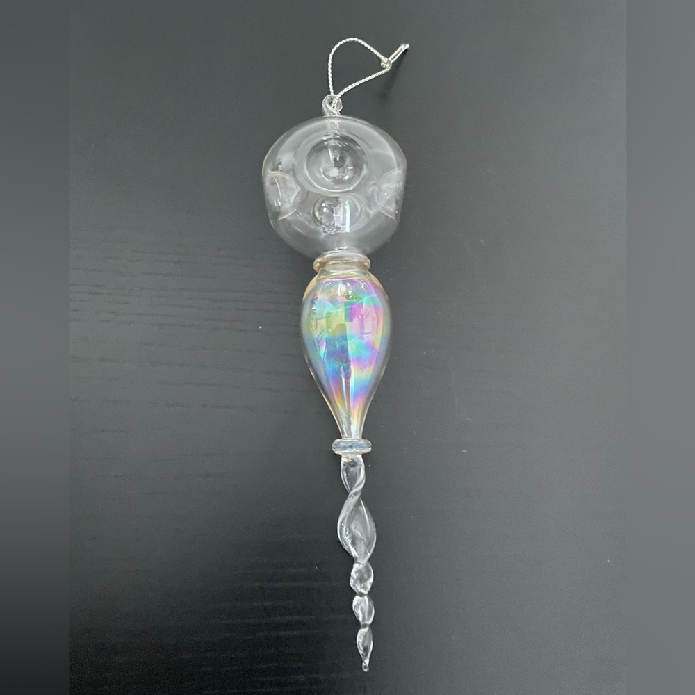 Vintage Hand Blown Clear Iridescent Glass Christmas Ornament 6.5” H.